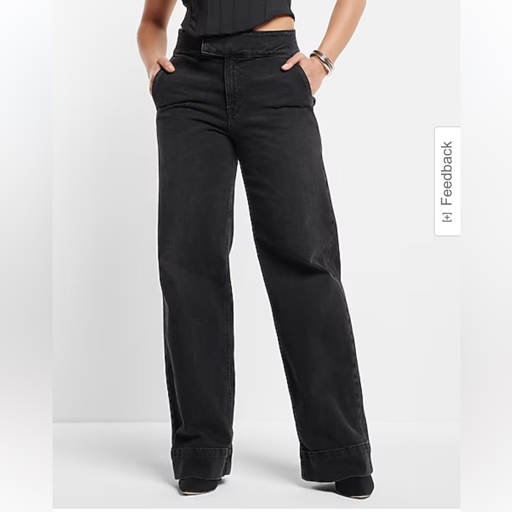 Express High Waisted Washed Black Tall Hem Wide Leg Jeans